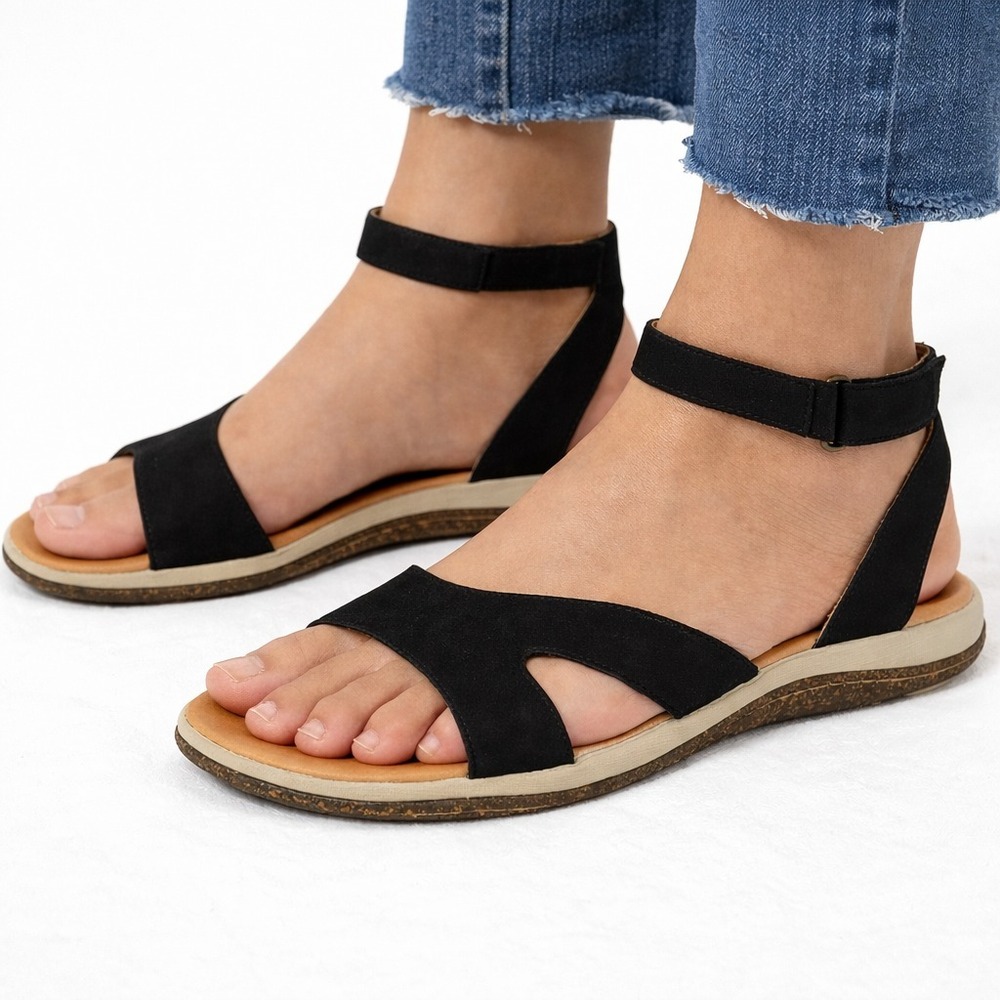 Acorn Suede Ankle Strap Sandals Women's Black Comfort Cork‎ Sole
